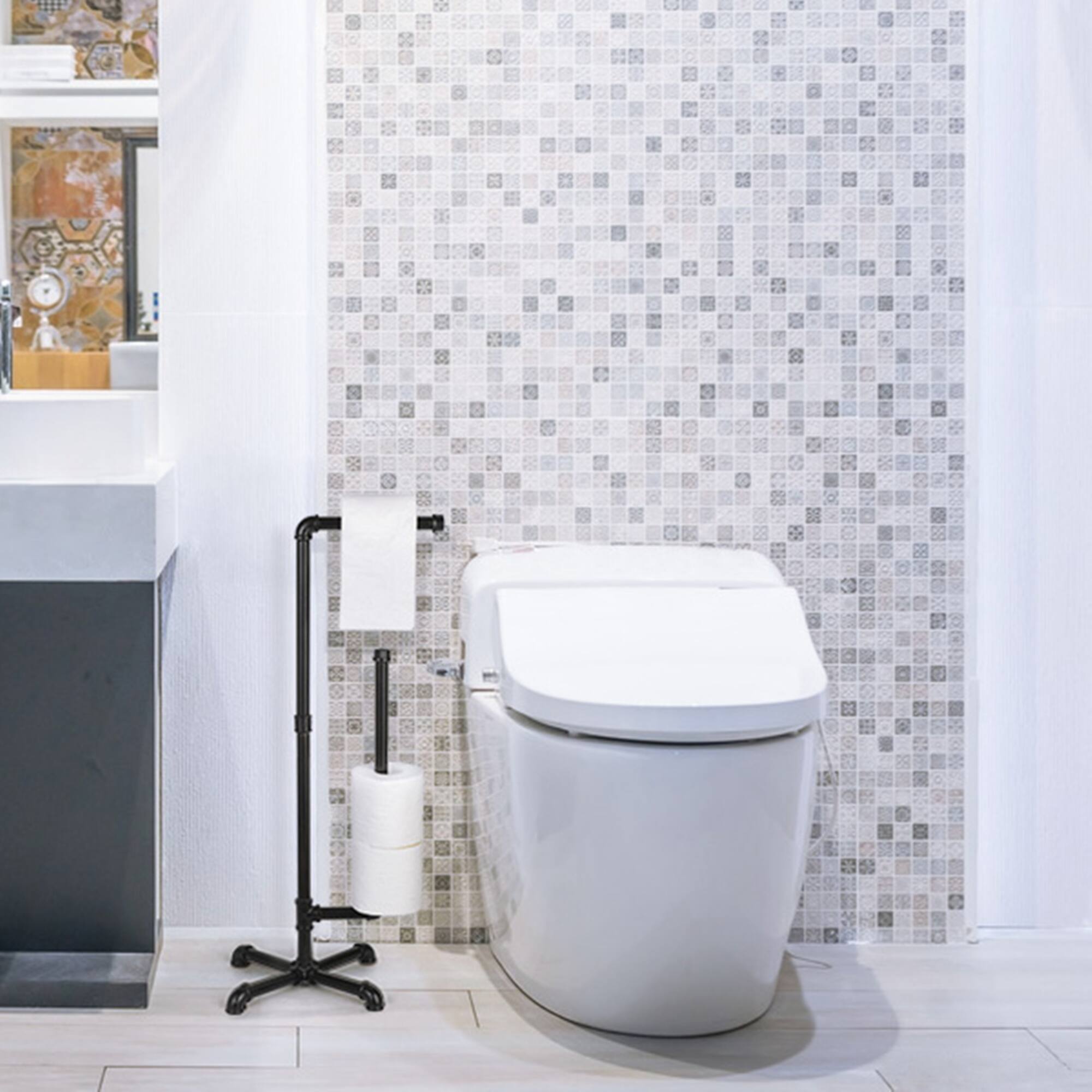 Black Freestanding Toilet Paper Cast Iron Pipe Stand